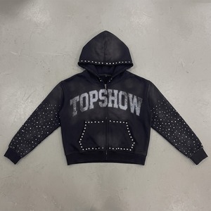 Sudadera con capucha y cremallera con pedrería, de algodón grueso, negra con lavado ácido, corte holgado y corto, estilo urbano personalizado para hombre - Product Image 1