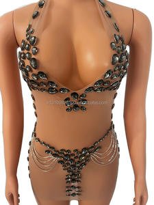 Sésame cou suspendu maille <span class=keywords><strong>nue</strong></span> Perspective col en v pleine chaîne de diamants équipe de <span class=keywords><strong>danse</strong></span> Gogo discothèque Bar Performance vêtements - Product Image 3