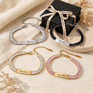 <b>Custom</b> Engraved <b>Name</b> Stainless Steel Bar Bracelet Ladder Square Full Paved Rhinestone Plate Personalized Engraving Jewelry - Product Image 1