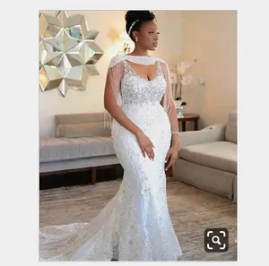 Novo Design Borlas Noiva Branco Plus Size Muçulmano Do Vestido de Casamento Do Laço Da Sereia