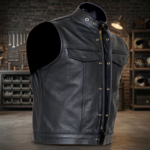 Chaleco de Motocicleta de Cuero y Lona para Hombre, Cuello en V, Alta Calidad, Casual, con Cierre, Impermeable, Transpirable, de Secado Rápido, Color Sólido - Product Image 2