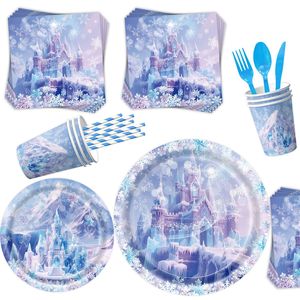 Nuevos Artículos Desechables para Fiestas con Temática de <span class=keywords><strong>Castillo</strong></span> de Hielo y Nieve, Accesorios para Festivales, Vajilla de Cumpleaños, Platos de Papel, Servilletas, Mantel, Pancarta, Decoración - Product Image 3