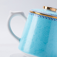 Tasse à thé en céramique Chinoiserie bleu clair de luxe avec bordure dorée, en porcelaine, avec couvercle, cadeau élégant pour les amateurs de thé