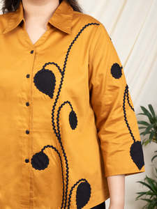 Solid Cotton Leaf Patch Work Plus Size <b>Shirt</b> for Women Spread Collar Neck Long Sleeves Party Western Casual Summer Wear Stylish - Product Image 1