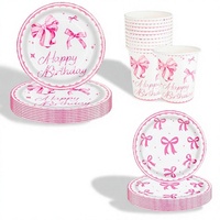 Ensemble de vaisselle jetable en papier rose sur le thème du nœud rose, écologique, parfait pour les célébrations d'anniversaire, vente en gros