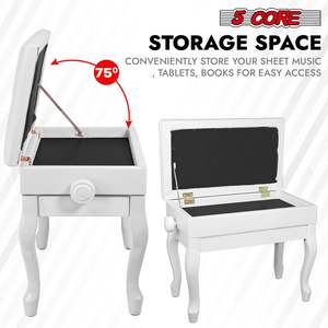 Banco para piano de madera con altura ajustable y asiento con almacenamiento, estilo clásico, color blanco - Product Image 2