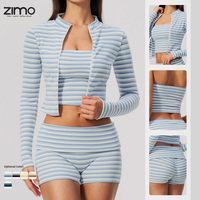 Ensemble de yoga 3 pièces écologique côtelé à rayures avec short, veste à fermetures éclair, en Spandex/Polyester, respirant, léger, taille mi-haute et grande taille