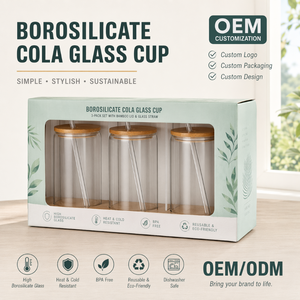 Vaso de vidrio de borosilicato OEM al por mayor con tapa de bambú y pajita, vaso personalizado con forma de lata de refresco para <span class=keywords><strong>caf</strong></span>é helado, zumo y bebidas - Product Image 3