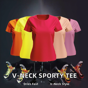 T-shirt à manches courtes pour femmes, en coton 100 %, respirant, avec fermeture éclair, logo, brossé, antibactérien, col en V, couleurs unies - Product Image 2