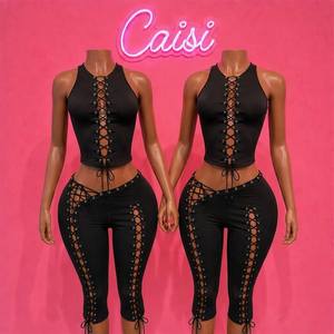 <strong>Sexy</strong> 2 Piece Set <strong>Women</strong> O Neck Lace up Hollow Out Crop Top and Capri Pants Matching <strong>Women's</strong> Sets <strong>Outfits</strong> - Product Image 1