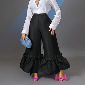 Pantalon évasé vert uni élégant <span class=keywords><strong>taille</strong></span> haute à volants pour <span class=keywords><strong>femme</strong></span>, <span class=keywords><strong>grande</strong></span> <span class=keywords><strong>taille</strong></span>, idéal pour l'été - Product Image 2