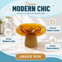 Mangkuk Buah Kaca Amber dengan Alas Kayu, Mangkuk Sajian Kaca Dekoratif Tiup Manual untuk Camilan, Kacang, Makanan Penutup, Dekorasi Meja Rumah