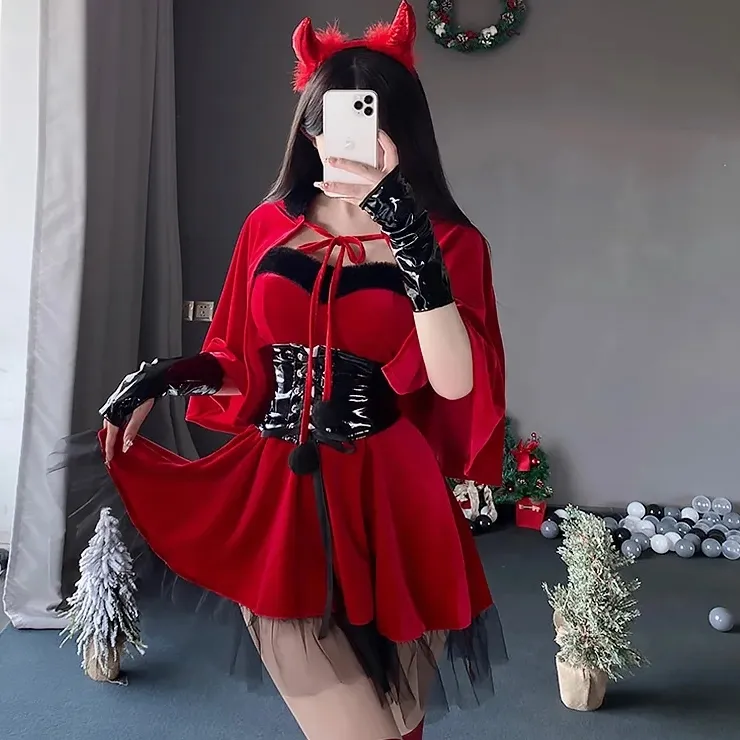 セクシーな悪魔のコスプレ衣装女性かわいい悪魔の女の子の制服いたずらハロウィンロールプレイ衣装エロランジェリードレスショールセット