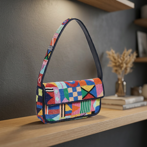 Bolso de Mano Tipo Clutch de Gamuza Multicolor Hecho a Mano con Cuentas de Perlas y Solapa, con Patrón Geométrico para Bodas y Fiestas - Product Image 3