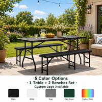 Ensemble de table de pique-nique pliable 3 pièces en rotin texturé HDPE, design moderne pliable en deux, coussin imperméable, 2 bancs, extérieur