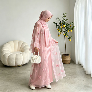 Eid Ramadan Pink Butterfly Abaya <b>Set</b> Satin Dress Women Elegant <b>Modest</b> Islamic Wear 3 Pieces Wholesale - Product Image 6