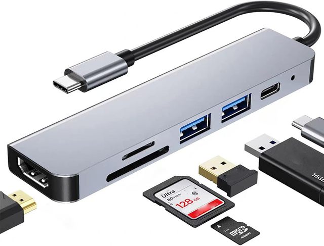 6 in 1 Type C HDTV 4K/SD/TF Hub Reader USB 3.0 USB 2.0 Connects USB-C 100W Computer to Display Aluminum Alloy Charger Adapter