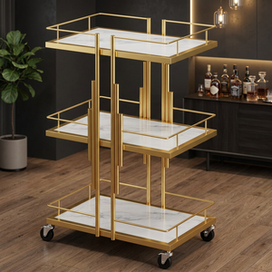 Carrito de Salón con Tapa de Mármol Dorado, Carrito Metálico de 3 Niveles con Ruedas para Uso en Salones de Belleza, Spa, Uñas, Pestañas y Manicura, Diseño Contemporáneo - Product Image 1