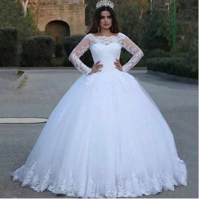 Nueva moda Vestido De novia De tul De novia Mariage Simple De manga larga De encaje Vestido De boda