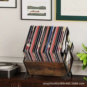 Étagère de rangement pour CD en bois, organiseur de magazines en fer et bois, organiseur de bureau multifonctionnel, décoration de la maison - Product Image 2