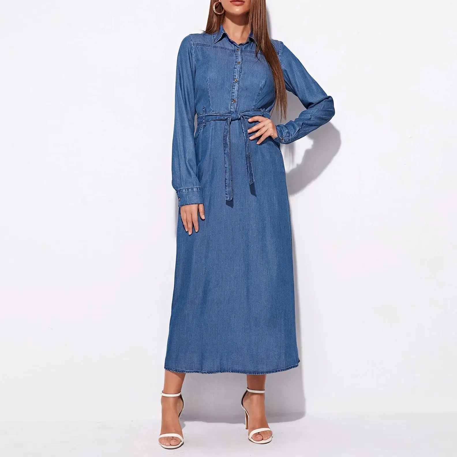 2022 Amazon Autumn Plus Size Retro Plus Size Denim Long Skirt Lapel Buckle Casual Women's Casual Shirt Dress