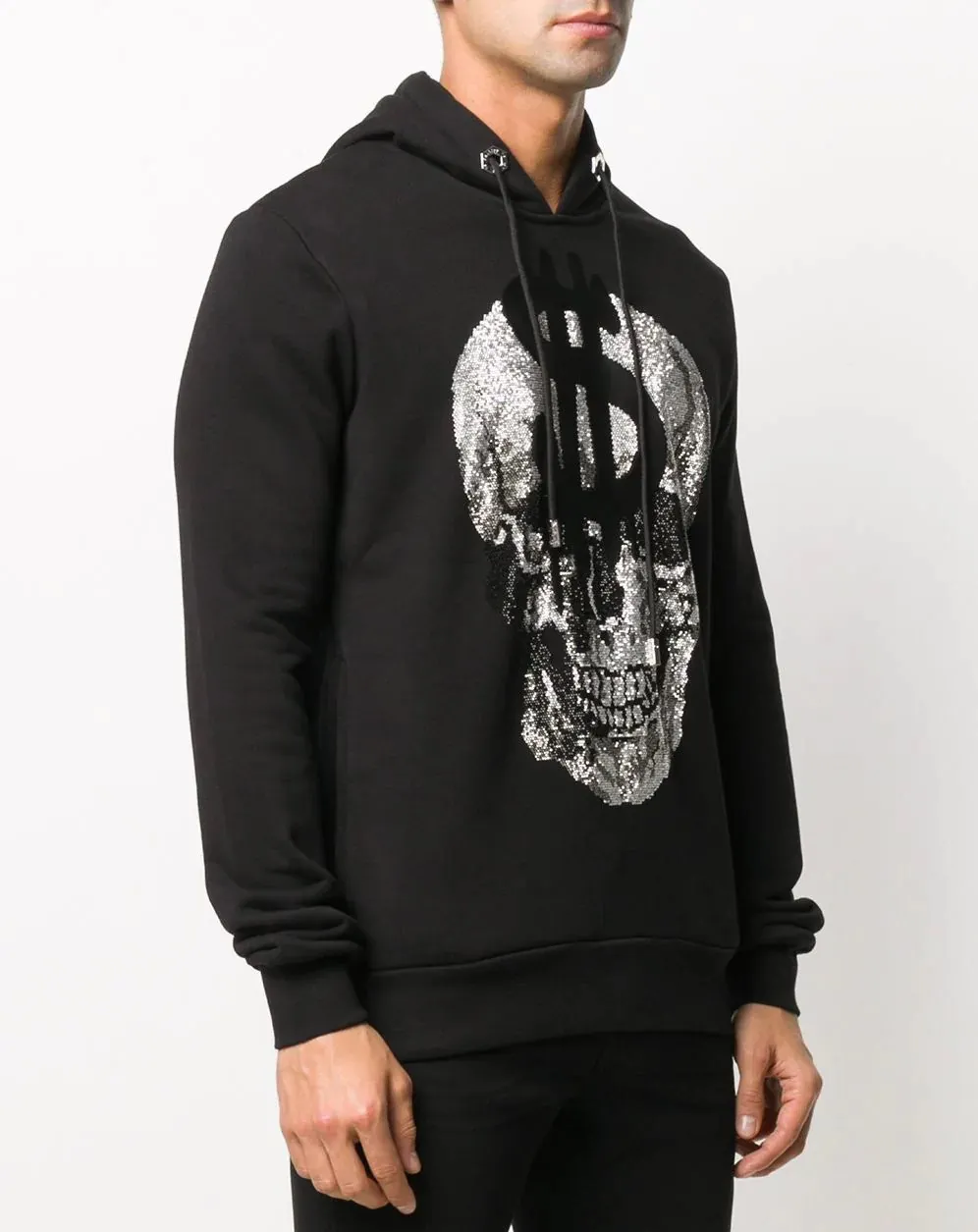 Luxury fashion design hoodies logo custom oversized black skull printing rhinestone hoodie jumper for men