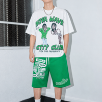 Set Kaos Grafis Premium 2 Potong, Cetak Berkualitas, Katun Bernapas, Ukuran Besar, Kaos dan Celana Pendek Model Boxy