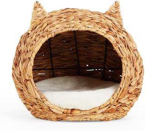 Lit de tête de chat en paille avec panier en jonc de mer tissage oreiller lavable amovible insérer panier tissage lit en rotin tête de chat en forme - Product Image 1
