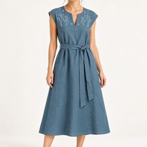 Wholesale Women's Blue Floral Embroidered Midi Dress <b>Linen</b> Viscose Blend Sleeveless V Neck Belted A Line Summer - Product Image 1
