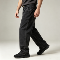 Jean Carpenter pour Homme, Denim Noir Délavé, Double Genou, Coupe Ample et Large, Style Workwear, avec Boucle pour Marteau, Personnalisable