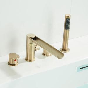 Grifo de Bañera Romano <span class=keywords><strong>con</strong></span> Cascada, Grifo de Bañera de 2 Manijas para Montar en la Cubierta, Grifos de Baño de Latón de 4 Orificios <span class=keywords><strong>con</strong></span> Ducha de Mano - Product Image 4