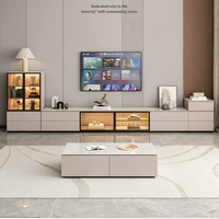 Meuble TV avec portes en verre cannelé et éclairage LED intégré, console multimédia à quatre tiroirs, meuble TV bas et long