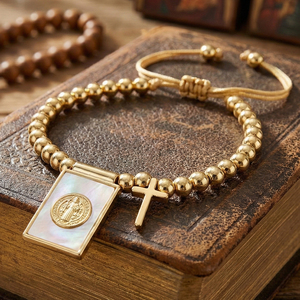 Go2boho - Productos Cristianos, Pulsera <span class=keywords><strong>de</strong></span> San Benito, Colgante <span class=keywords><strong>de</strong></span> Concha <span class=keywords><strong>de</strong></span> Nácar, Cruz, Amuleto, Joyería Chapada en Oro - Product Image 2