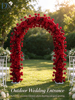 Backdrop lengkung berbentuk U dari bunga buatan warna merah burgundy dan putih untuk pernikahan, hotel, dan upacara pesta