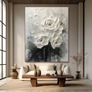 Grande Peinture Murale Moderne en Plâtre Texturé à Fleurs Blanches, Décoration Créative Personnalisée, Cadeau d'Art pour l'Aménagement Intérieur - Product Image 5