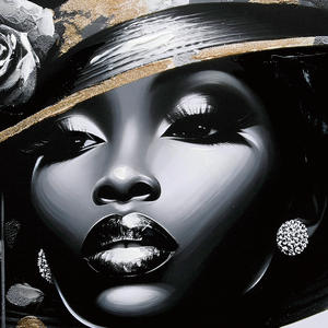 Lukisan Kanvas Seni Pop Berkilau Wanita Afrika Cantik, Dekorasi Dinding Berbingkai, Lukisan Foil Emas Wanita Berpakaian Topi - Product Image 4