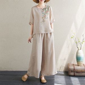 Traditional Chinese Style Women's Cotton Linen Two Piece Set Embroidered Top And Wide Leg Pants Casual Summer Outfit - Product Image 3