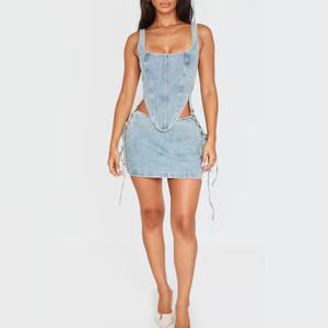 Nouveaux styles, tenues en dentelle lavée, jupe en denim d'été en coton avec gilet sans manches, ensemble 2 pièces multicolore pour femmes - Product Image 3