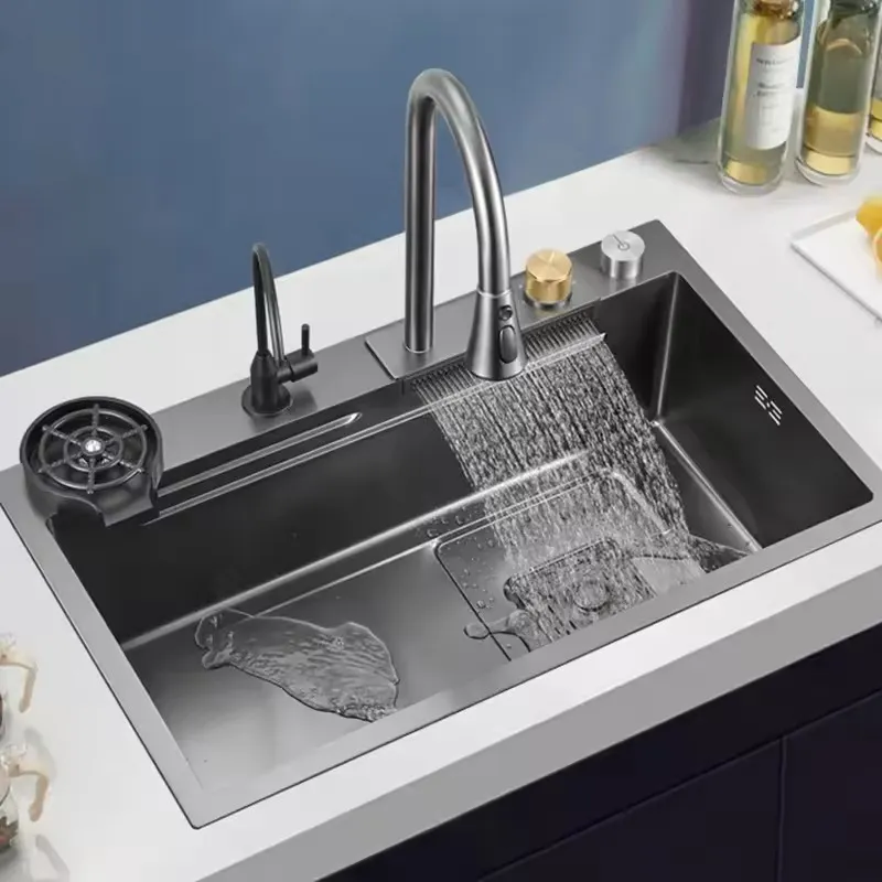 luxus-küchenspülen 304-edelstahl multifunktionales spülbecken modern wasserfall regenfall einzelbecken küchenspüle set schwarz