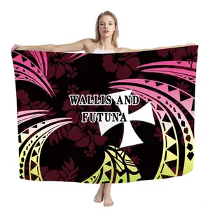 Countries Flags Traje De Bano Para Mujer 2022 Polynesian Tribal Wallis and Futuna Islands Fuchsia Hibiscus Print Custom Sarong