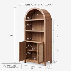 Armadio ad arco in legno libreria-alta vetrinetta della metà del secolo, libreria arrotondata con porte in Rattan, ripiano aperto - Product Image 2