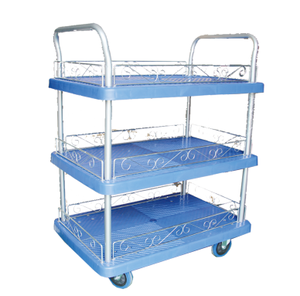 चार नीले पहियों स्टेनलेस स्टील प्लास्टिक प्लेटफॉर्म हाथ ट्रक फोल्डेबल हैंड ट्रॉली ओएम 150/300 किलोग्राम भार क्षमता - Product Image 5