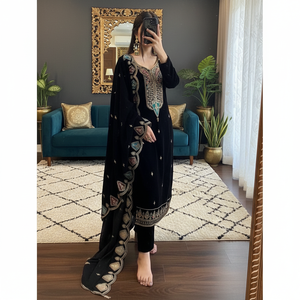DESIGNER VISCOSE VELVET EMBROIDERY WORK TOP and BOTTOM SET with DUPATTA for WOMEN in BLACK - Product Image 3