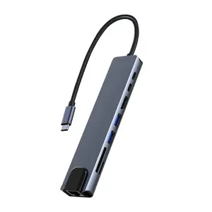 Hub <span class=keywords><strong>USB</strong></span>-<span class=keywords><strong>C</strong></span> 8 en 1 en alliage d'aluminium, adaptateur multifonction, station d'accueil Macbook 4K HDTV, <span class=keywords><strong>USB</strong></span> 3.0, chargeur, compatible téléphone, ordinateur portable - Product Image 1