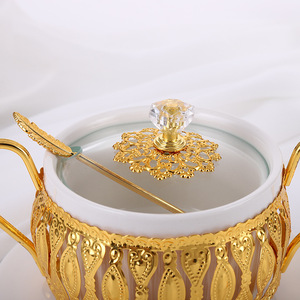 Metall Gold Runde Zucker topf Zucker glas Schüssel Keramik Mit Griff Deckel Löffel Glas abdeckung Küche Gewürz glas Gewürz Kaffee Tee - Product Image 4