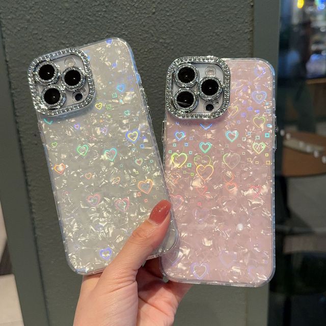 Fashion Girl Love Heart Design Cowry Marble Diamond Lens Phone Case for iPhone 17 Pro Max 16 15 14 13 Plus 12 Phone Accessories