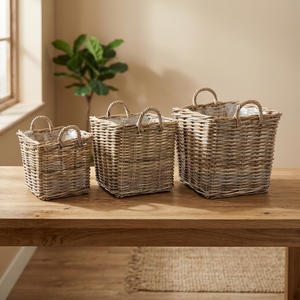 Cesta de mimbre con forro de plástico para la colada, cesta de mimbre de alta calidad con forma rectangular de kubu, color gris - Product Image 2
