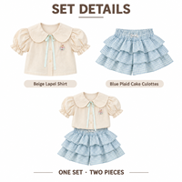 Ensemble de vêtements pour petites filles, chemise beige, culotte à carreaux bleue, manches bouffantes en coton, vêtements de printemps et d'été pour enfants