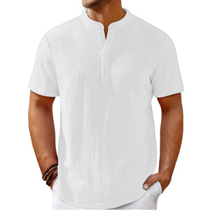 Camicia Casual da Uomo a Maniche Corte Henley a Righe in Poliestere Stile Retrò Senza Stiratura, Novità 2025 per il Commercio Transfrontaliero su Wish - Product Image 6