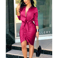 Robe Courte Femme RNSHANGER Unie à Manches Longues Col Rabattu Boutonnage Simple Robe Extensible à Bandages pour Femme de Bureau